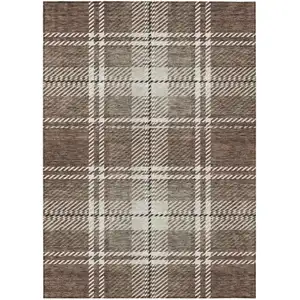 Photo of Brown Black And Ivory Plaid Washable Indoor Outdoor Area Rug