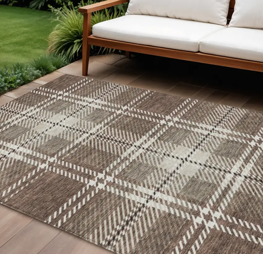 Brown Black And Ivory Plaid Washable Indoor Outdoor Area Rug Photo 1