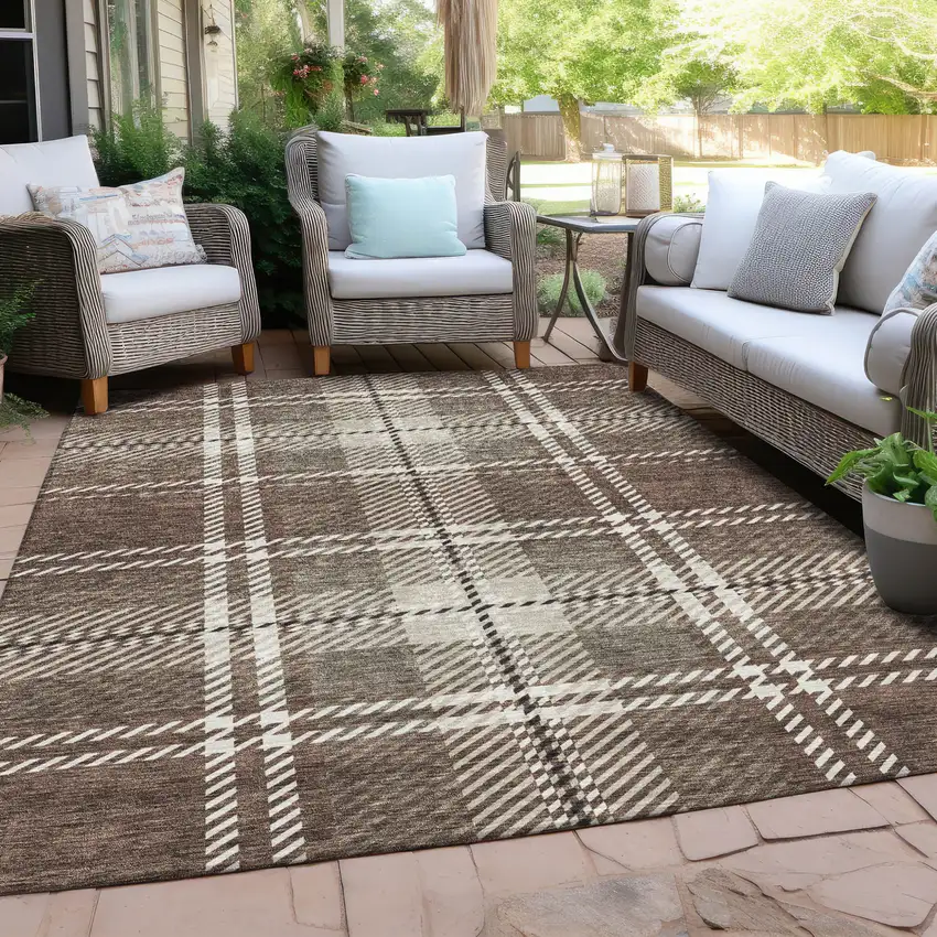 Brown Black And Ivory Plaid Washable Indoor Outdoor Area Rug Photo 8