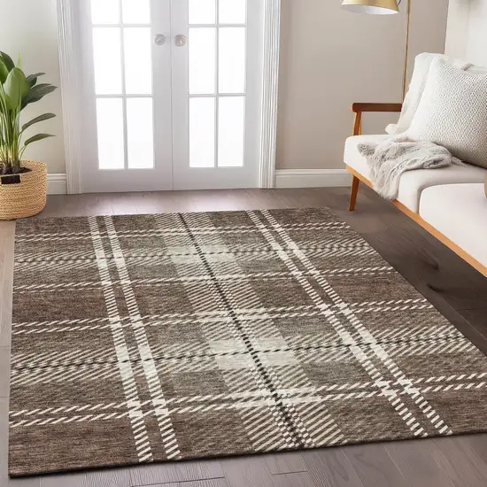 Brown Black And Ivory Plaid Washable Indoor Outdoor Area Rug Photo 9