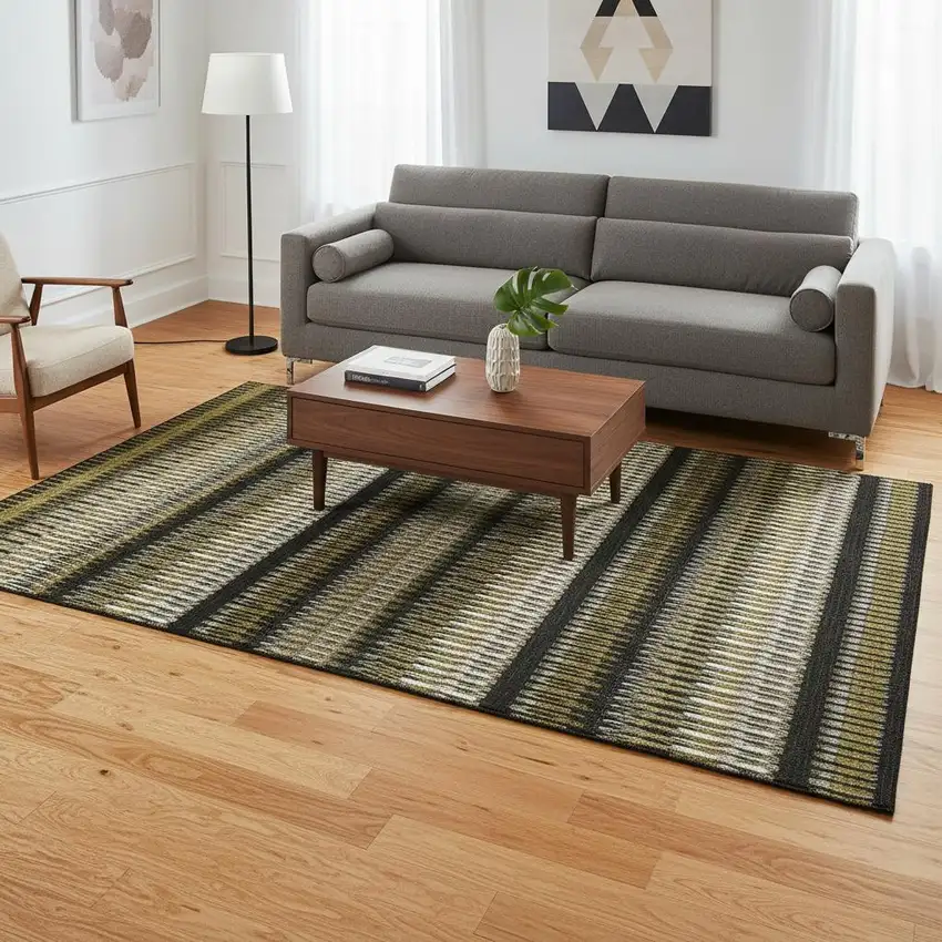 Brown Black And Ivory Striped Washable Area Rug With UV Protection Photo 2