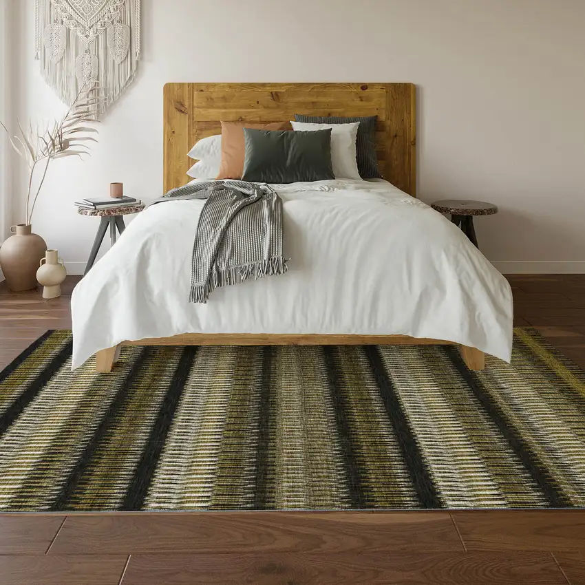 Brown Black And Ivory Striped Washable Area Rug With UV Protection Photo 5