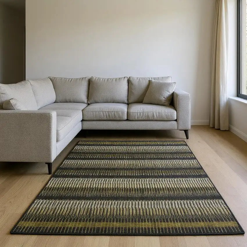 Brown Black And Ivory Striped Washable Area Rug With UV Protection Photo 2