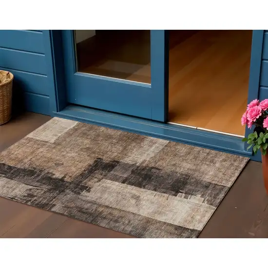 Brown Black And Tan Abstract Washable Indoor Outdoor Area Rug Photo 1
