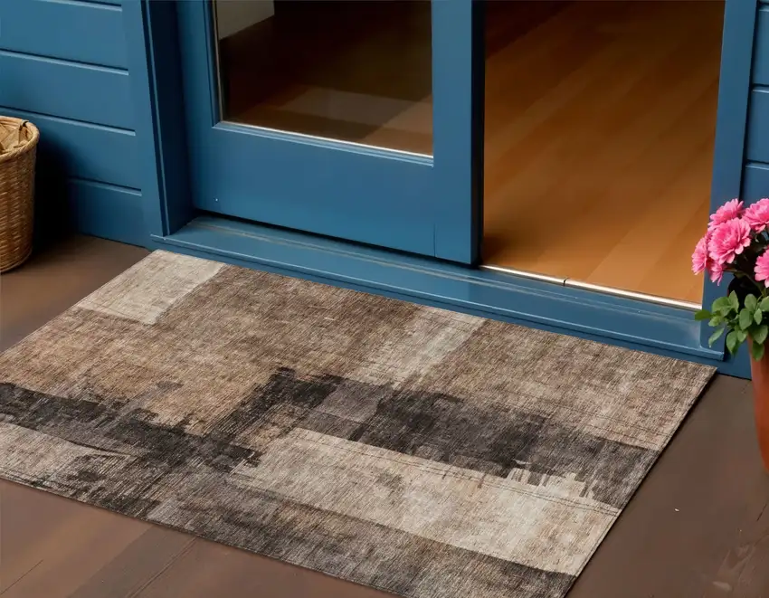 Brown Black And Tan Abstract Washable Indoor Outdoor Area Rug Photo 1