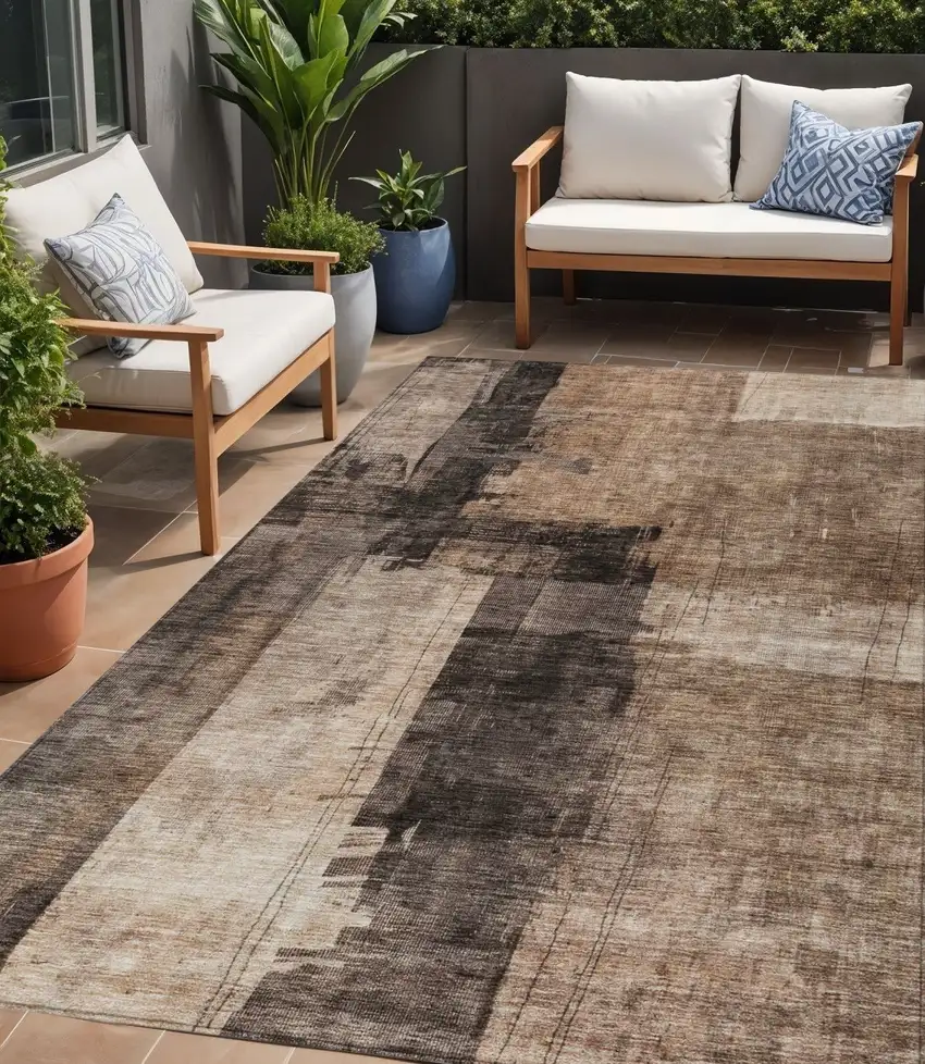 Brown Black And Tan Abstract Washable Indoor Outdoor Area Rug Photo 1