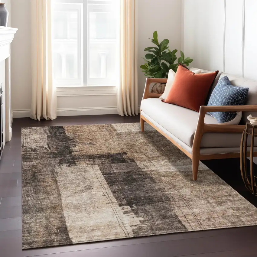 Brown Black And Tan Abstract Washable Indoor Outdoor Area Rug Photo 9