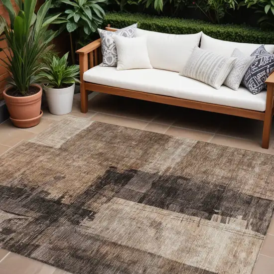 Brown Black And Tan Abstract Washable Indoor Outdoor Area Rug Photo 1
