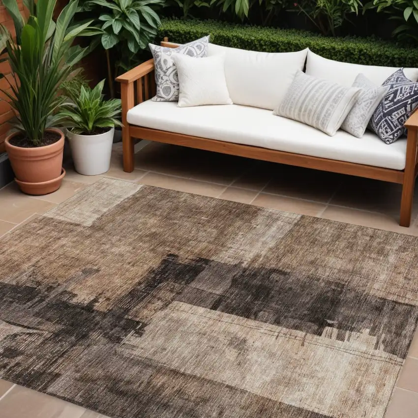 Brown Black And Tan Abstract Washable Indoor Outdoor Area Rug Photo 1