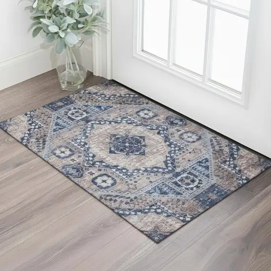 Brown Blue And Beige Diamond Washable Area Rug With UV Protection Photo 2