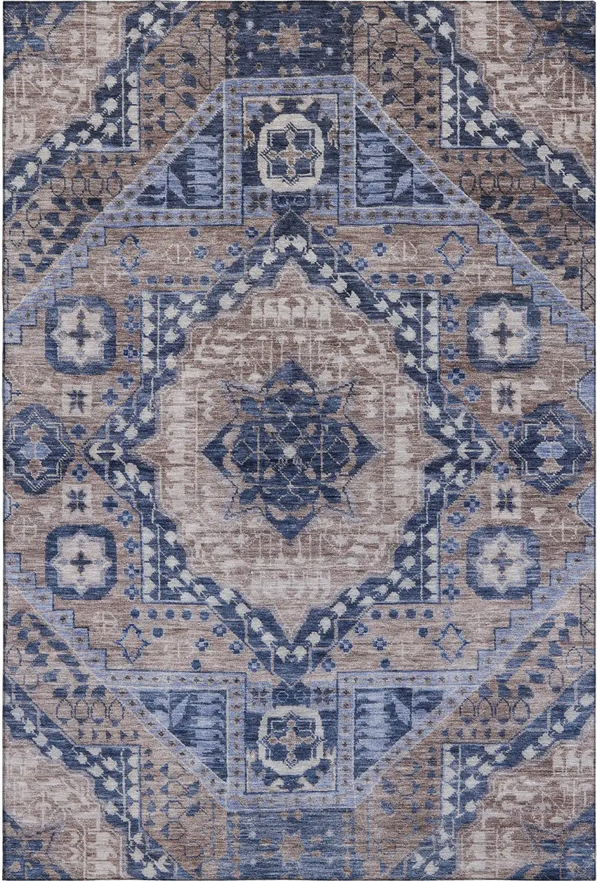 Brown Blue And Beige Diamond Washable Area Rug With UV Protection Photo 1
