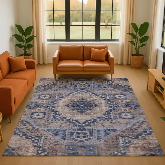 Brown Blue And Beige Diamond Washable Area Rug With UV Protection Photo 5
