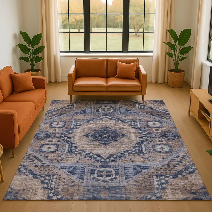 Brown Blue And Beige Diamond Washable Area Rug With UV Protection Photo 5