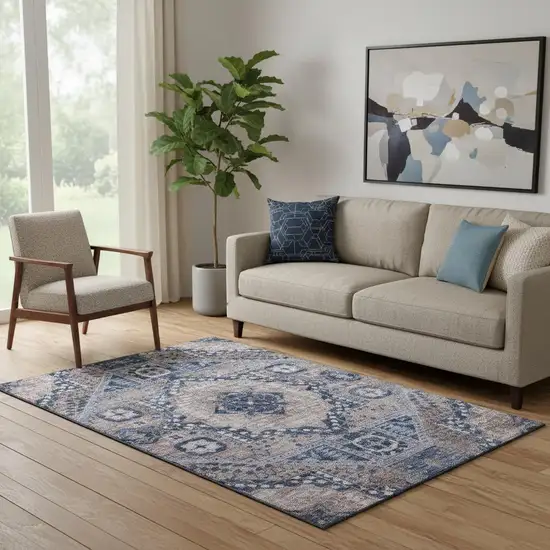 Brown Blue And Beige Diamond Washable Area Rug With UV Protection Photo 2