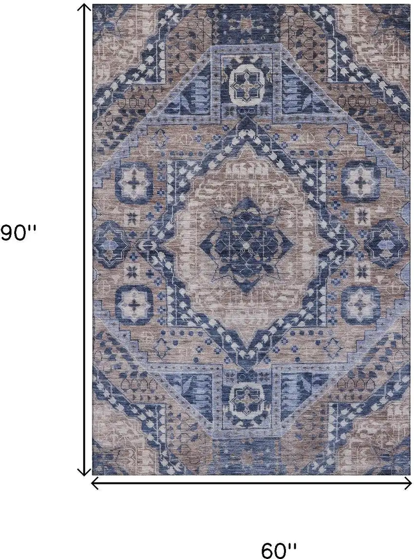 Brown Blue And Beige Diamond Washable Area Rug With UV Protection Photo 9