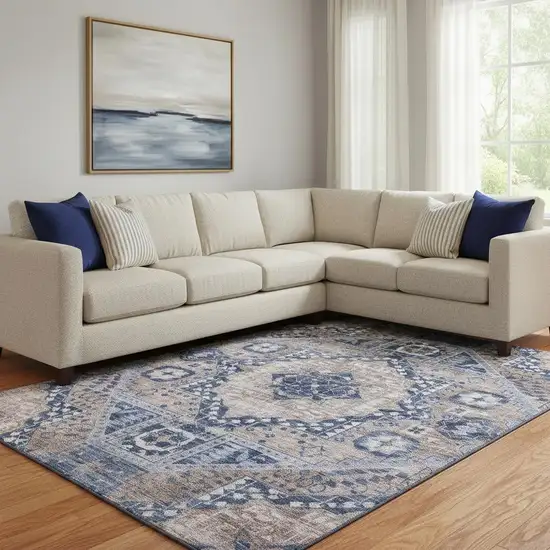 Brown Blue And Beige Diamond Washable Area Rug With UV Protection Photo 2