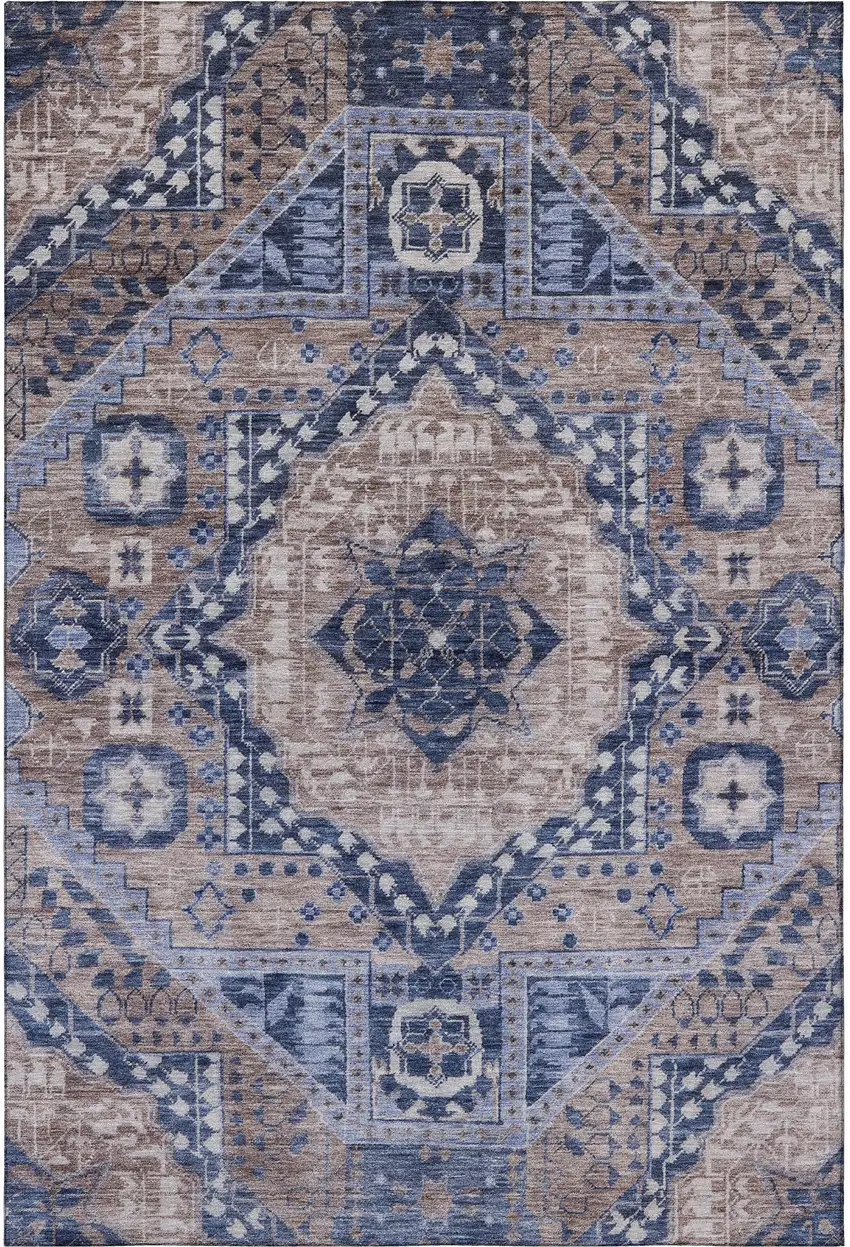 Brown Blue And Beige Diamond Washable Area Rug With UV Protection Photo 4