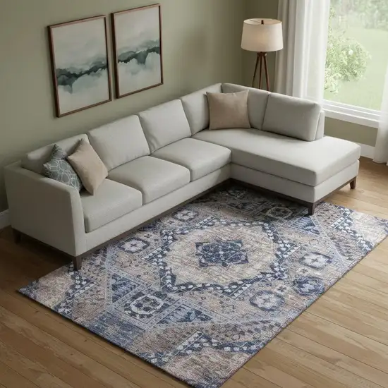 Brown Blue And Beige Diamond Washable Area Rug With UV Protection Photo 2