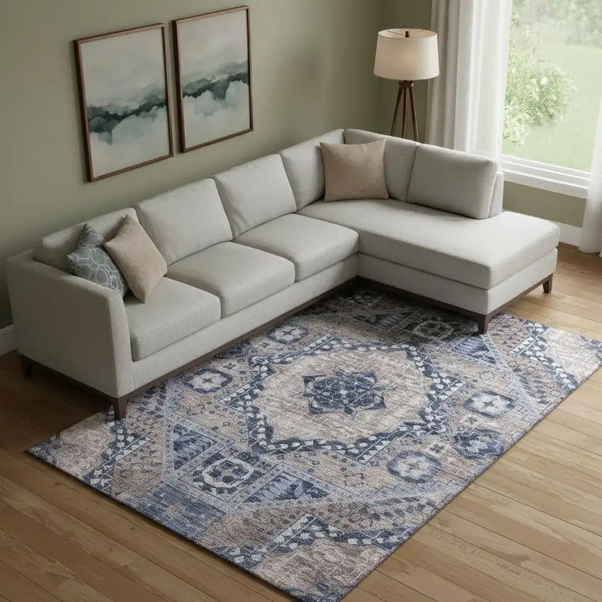 Brown Blue And Beige Diamond Washable Area Rug With UV Protection Photo 2