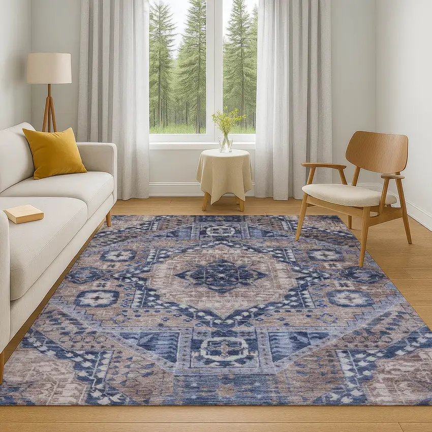 Brown Blue And Beige Diamond Washable Area Rug With UV Protection Photo 6