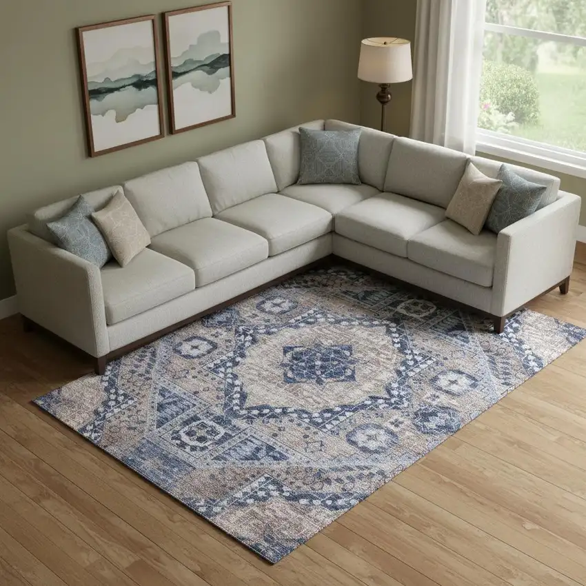 Brown Blue And Beige Diamond Washable Area Rug With UV Protection Photo 2