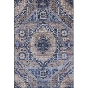Photo of Brown Blue And Beige Diamond Washable Area Rug With UV Protection