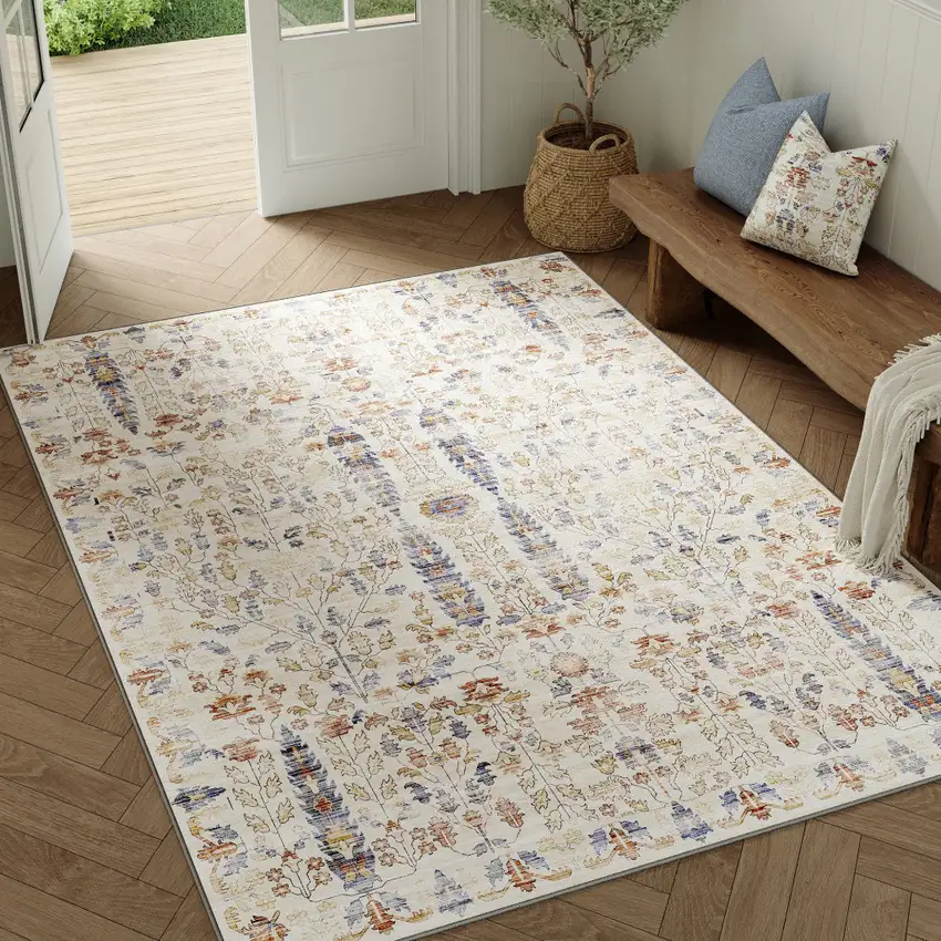 Brown Blue And Beige Floral Medallion Washable Area Rug Photo 2