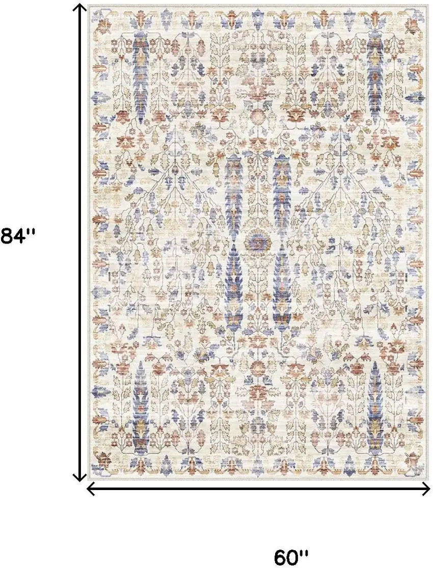 Brown Blue And Beige Floral Medallion Washable Area Rug Photo 3