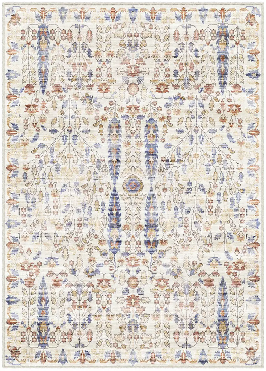 Brown Blue And Beige Floral Medallion Washable Area Rug Photo 4