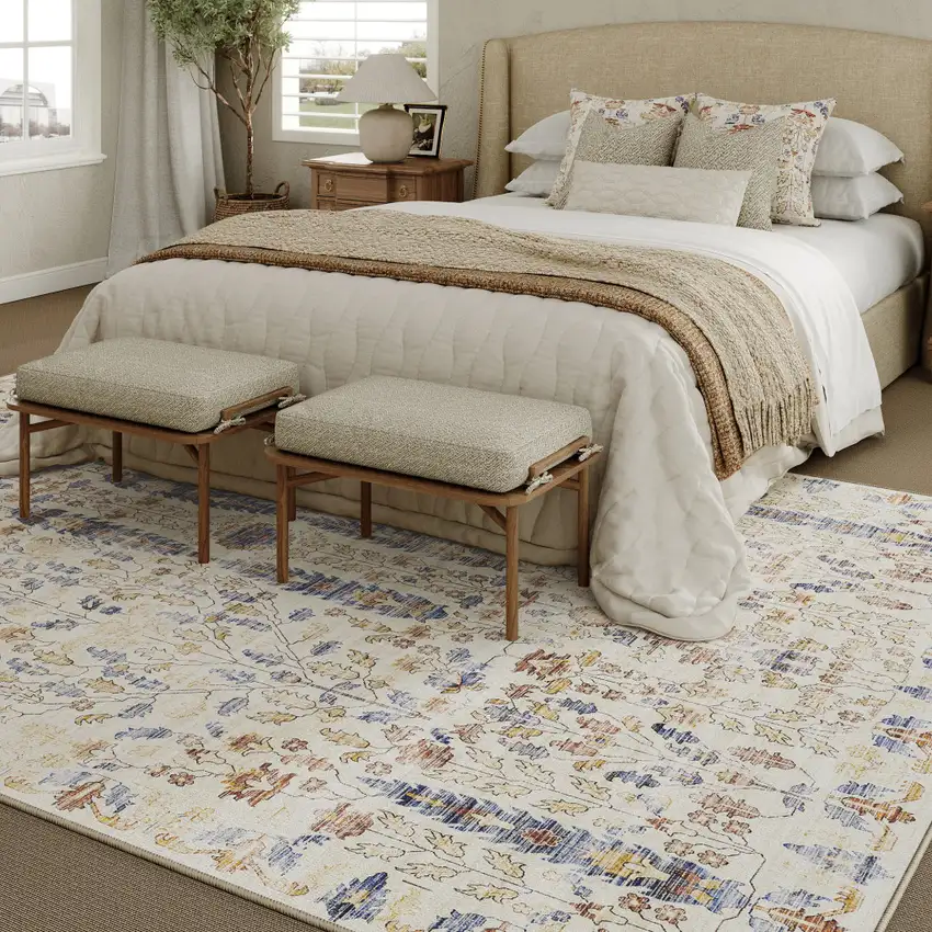 Brown Blue And Beige Floral Medallion Washable Area Rug Photo 2