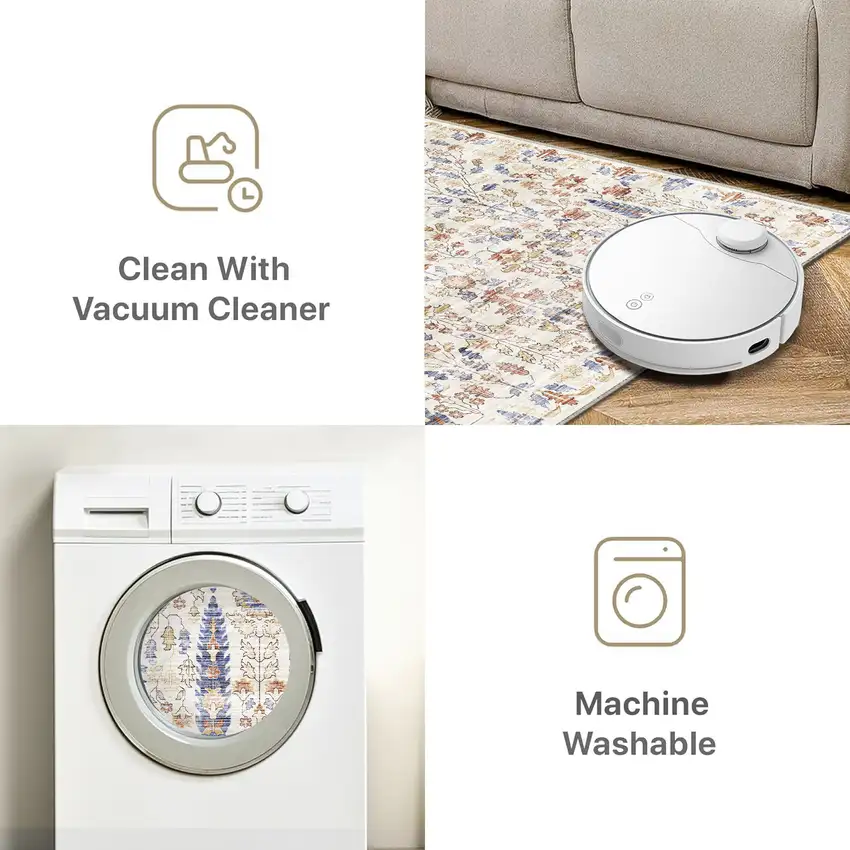 Brown Blue And Beige Floral Medallion Washable Area Rug Photo 7