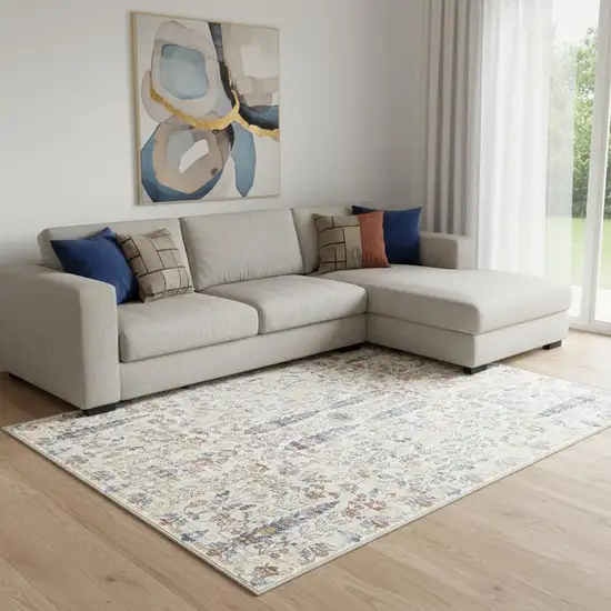 Brown Blue And Beige Floral Medallion Washable Area Rug Photo 1