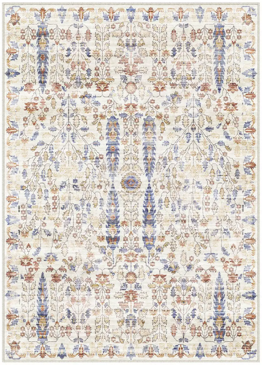 Brown Blue And Beige Floral Medallion Washable Area Rug Photo 4