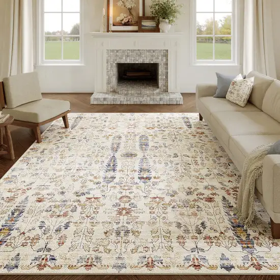 Brown Blue And Beige Floral Medallion Washable Area Rug Photo 5