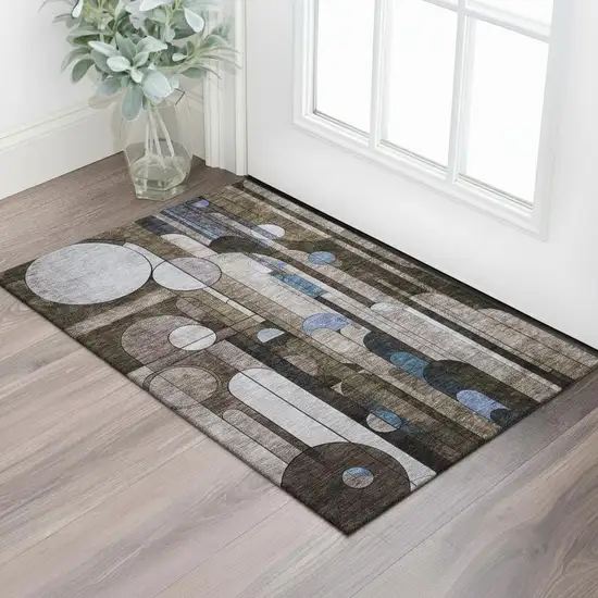 Brown Blue And Beige Geometric Washable Area Rug With UV Protection Photo 2