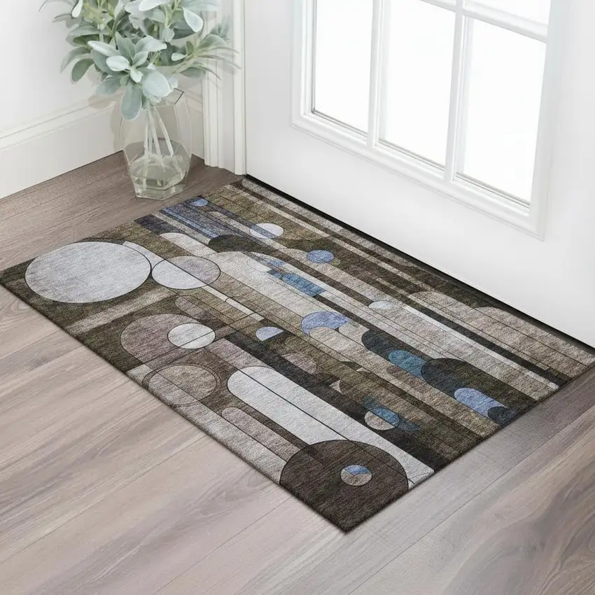 Brown Blue And Beige Geometric Washable Area Rug With UV Protection Photo 2