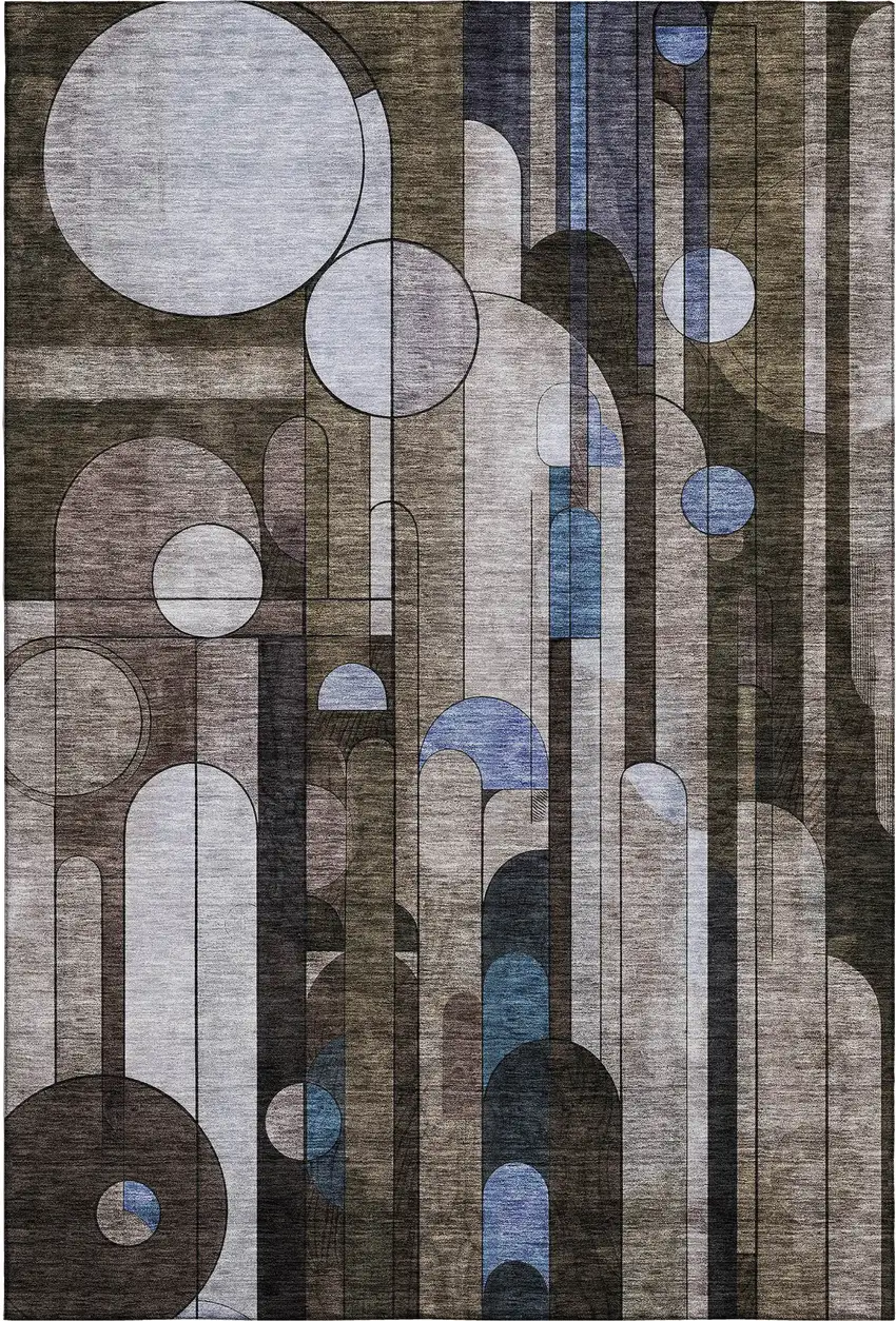 Brown Blue And Beige Geometric Washable Area Rug With UV Protection Photo 1