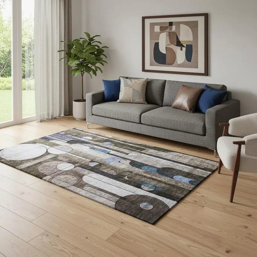 Brown Blue And Beige Geometric Washable Area Rug With UV Protection Photo 2