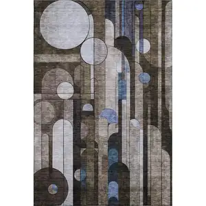 Photo of Brown Blue And Beige Geometric Washable Area Rug With UV Protection