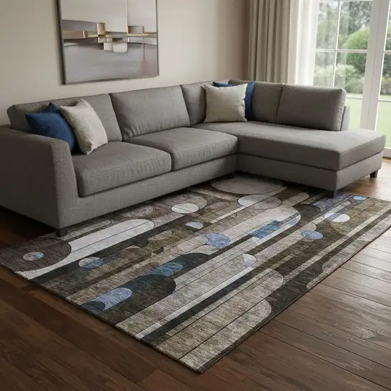 Brown Blue And Beige Geometric Washable Area Rug With UV Protection Photo 2