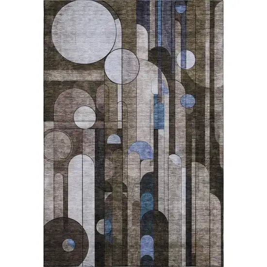 Brown Blue And Beige Geometric Washable Area Rug With UV Protection Photo 1