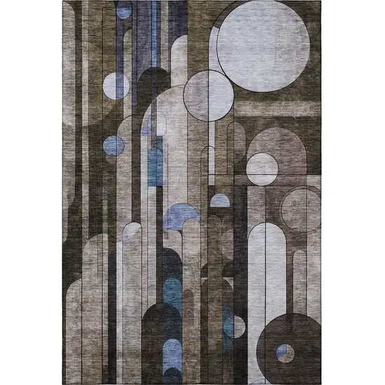 Brown Blue And Beige Geometric Washable Area Rug With UV Protection Photo 3