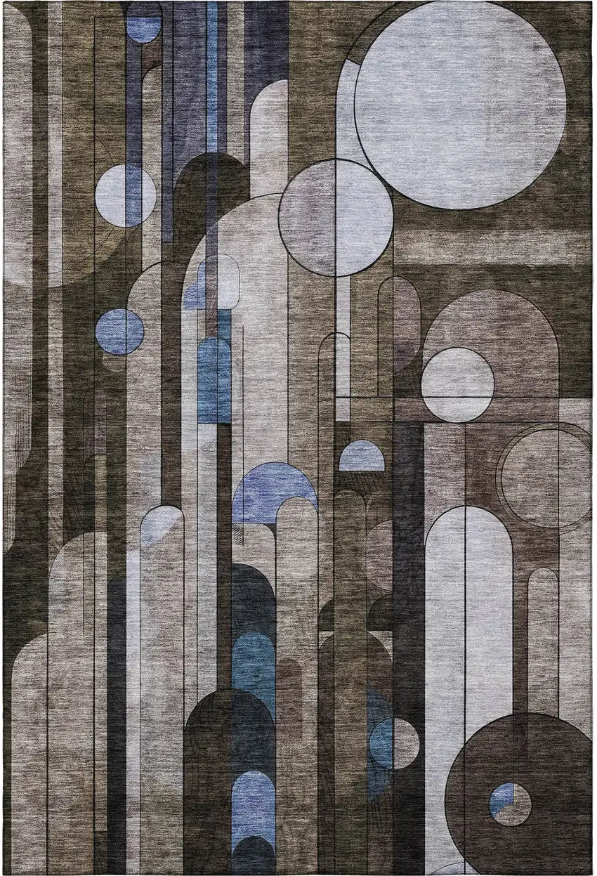 Brown Blue And Beige Geometric Washable Area Rug With UV Protection Photo 3