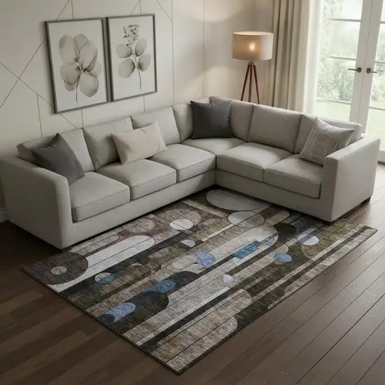 Brown Blue And Beige Geometric Washable Area Rug With UV Protection Photo 2