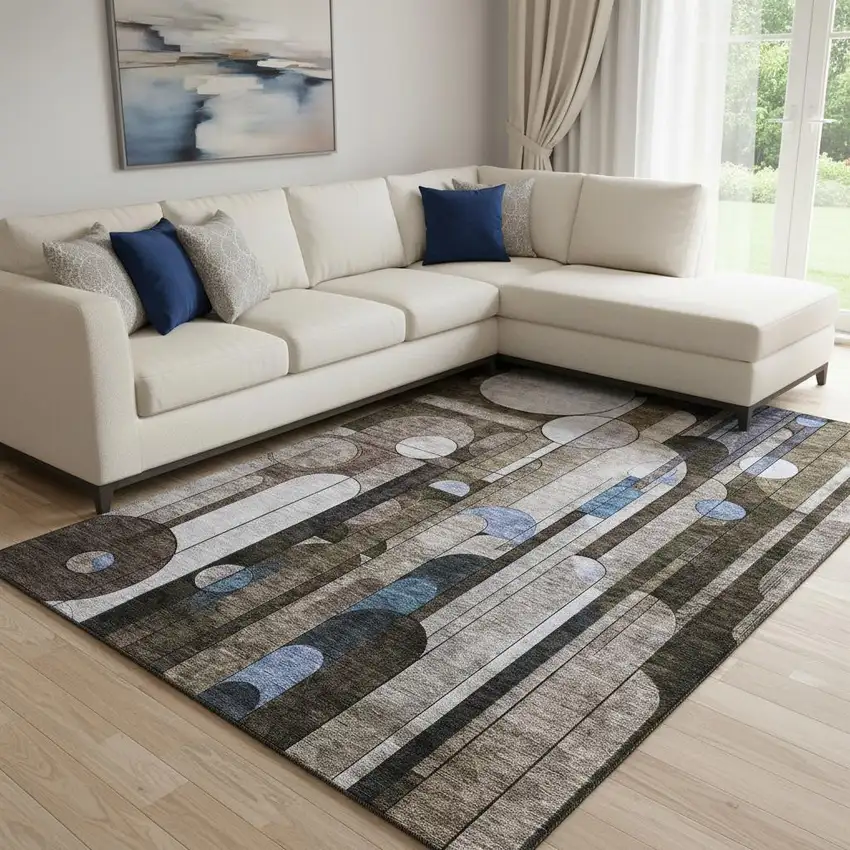 Brown Blue And Beige Geometric Washable Area Rug With UV Protection Photo 2