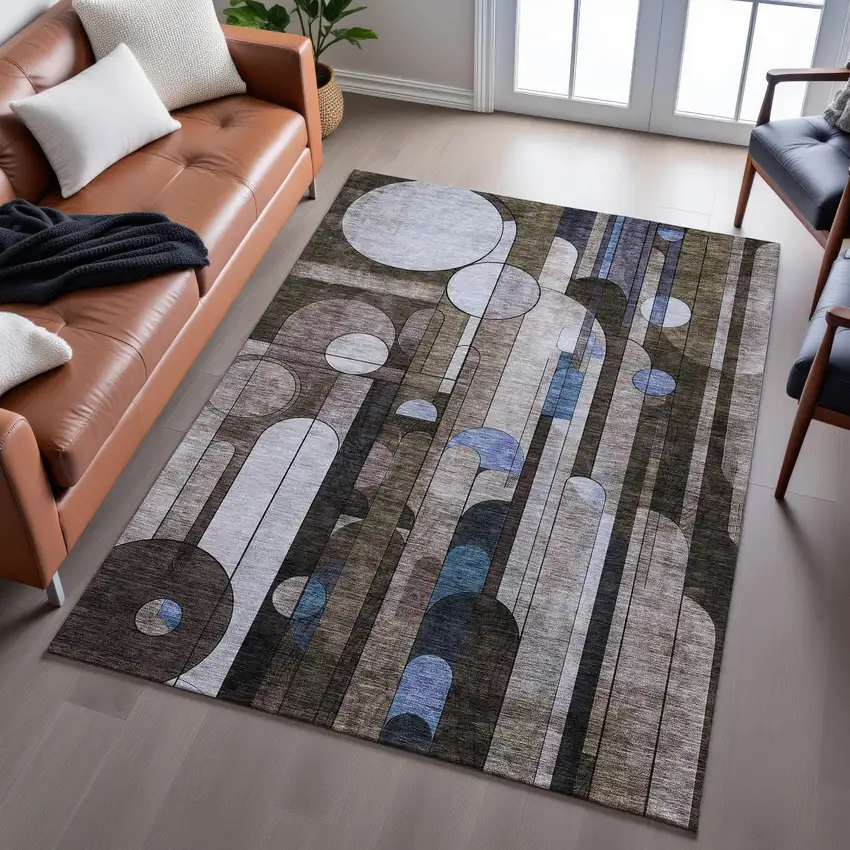Brown Blue And Beige Geometric Washable Area Rug With UV Protection Photo 5