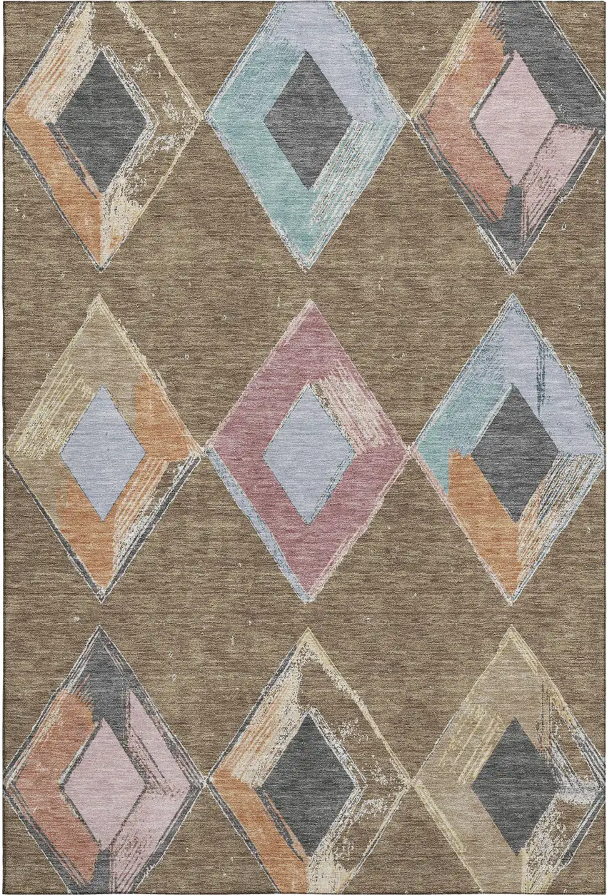Brown Blue And Beige Geometric Washable Area Rug With UV Protection Photo 2