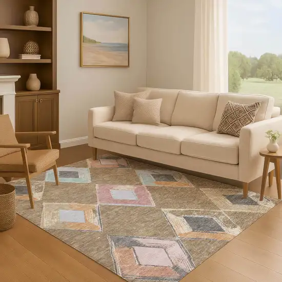 Brown Blue And Beige Geometric Washable Area Rug With UV Protection Photo 6