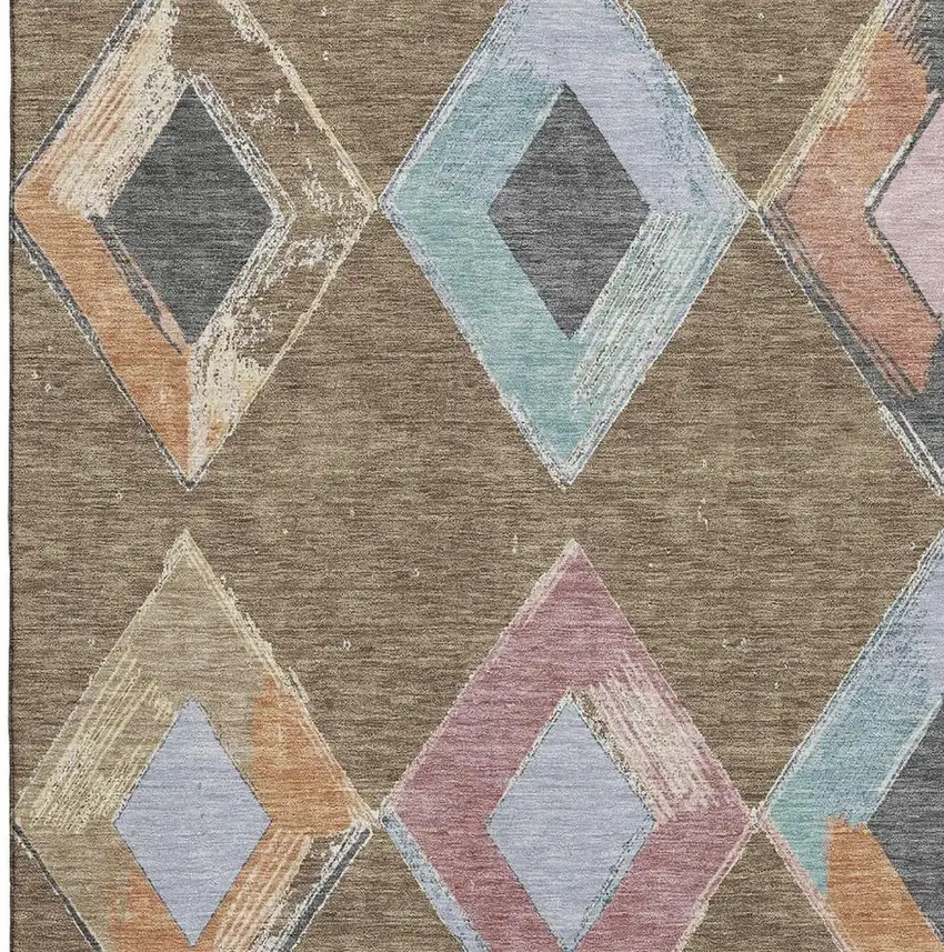 Brown Blue And Beige Geometric Washable Area Rug With UV Protection Photo 4