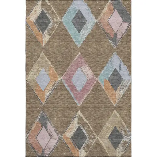 Brown Blue And Beige Geometric Washable Area Rug With UV Protection Photo 1